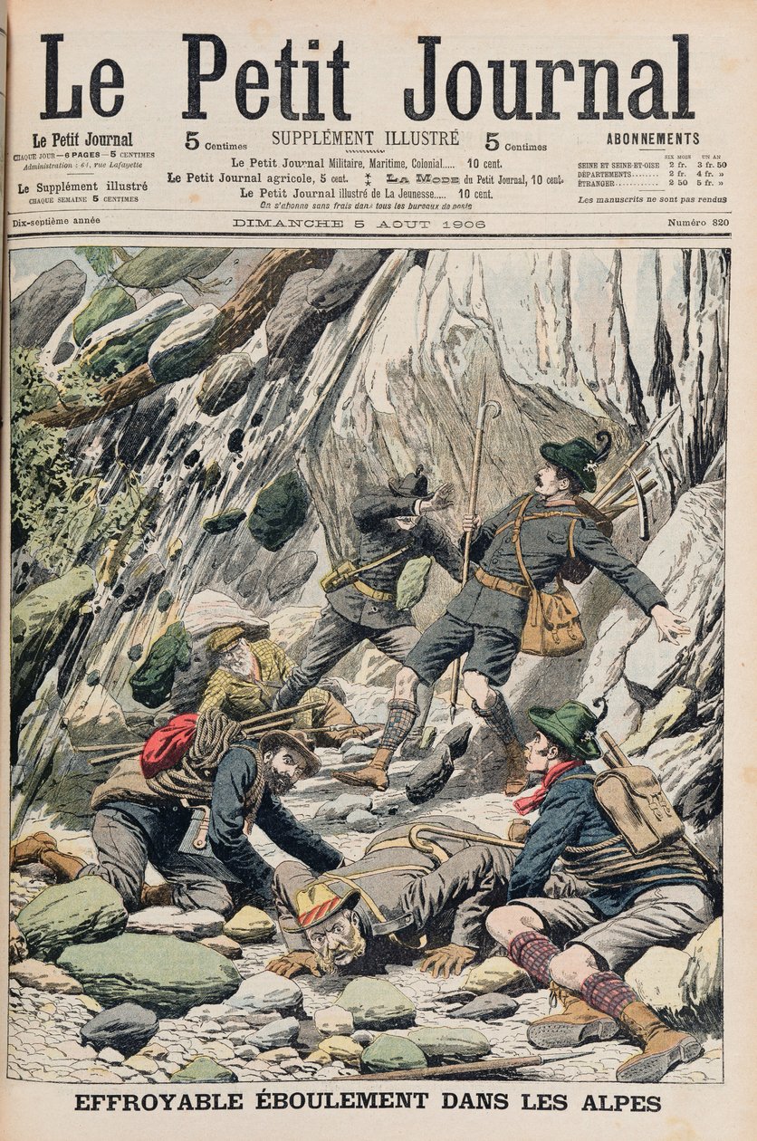 Przerażający upadek skały w Tyrolu, ilustracja z „Le Petit Journal”, 5 sierpnia 1906 r. autorstwa French School