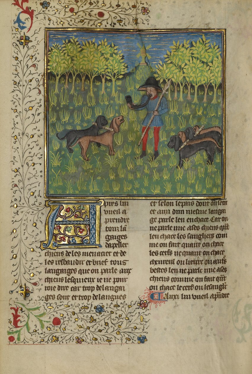 Łowca szkolący psy, by odpowiadały na Zew Rogu, ok.1430-40 (tempera, złota i srebrna farba oraz złoty liść na pergaminie) autorstwa French School