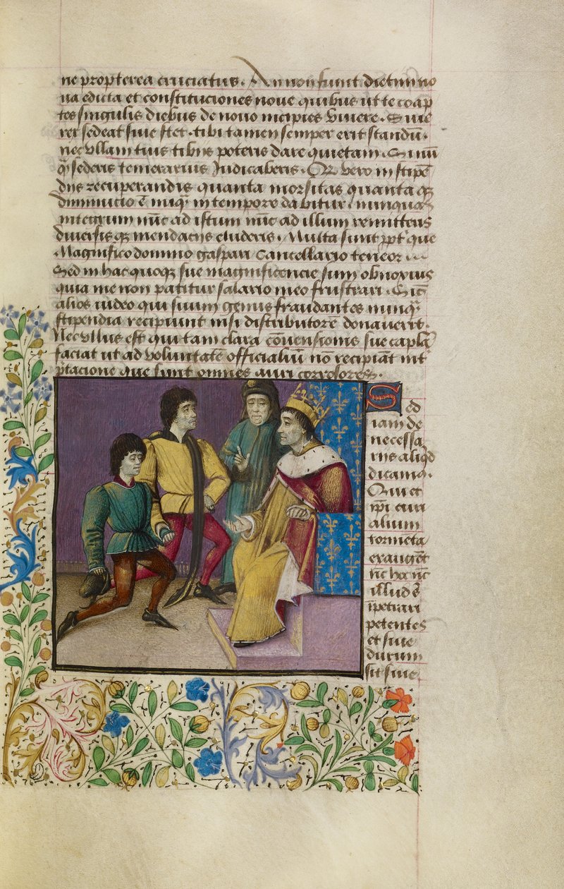 Król na dworze, ok. 1460-70 (tempera, złoty płatek, farba i tusz na pergaminie) autorstwa French School