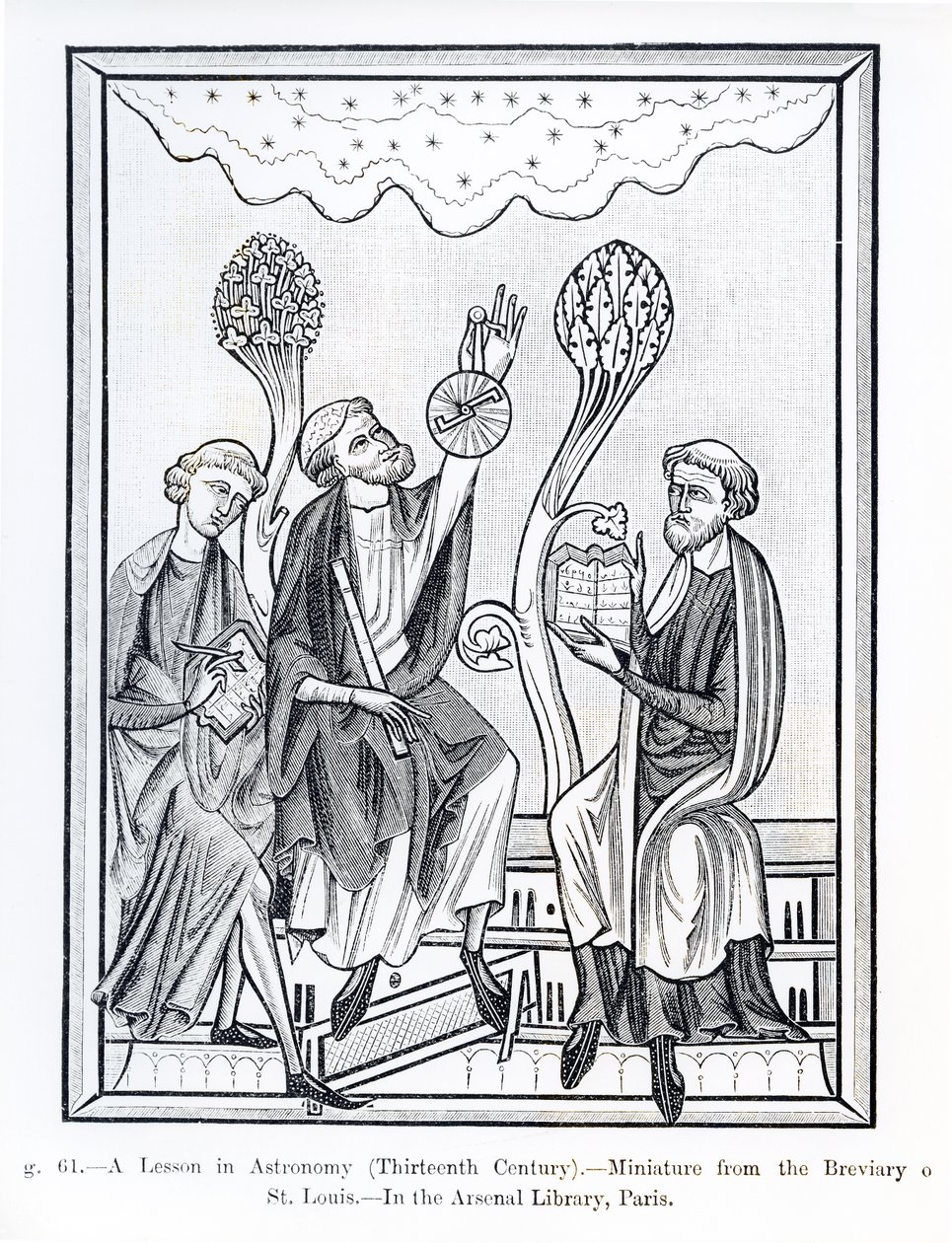 Lekcja astronomii z Brewiarza św. Ludwika, ilustracja z Nauki i literatury w średniowieczu i renesansie, napisana i rytowana przez Paula Lacroix, 1878 (fot. bw autorstwa French School