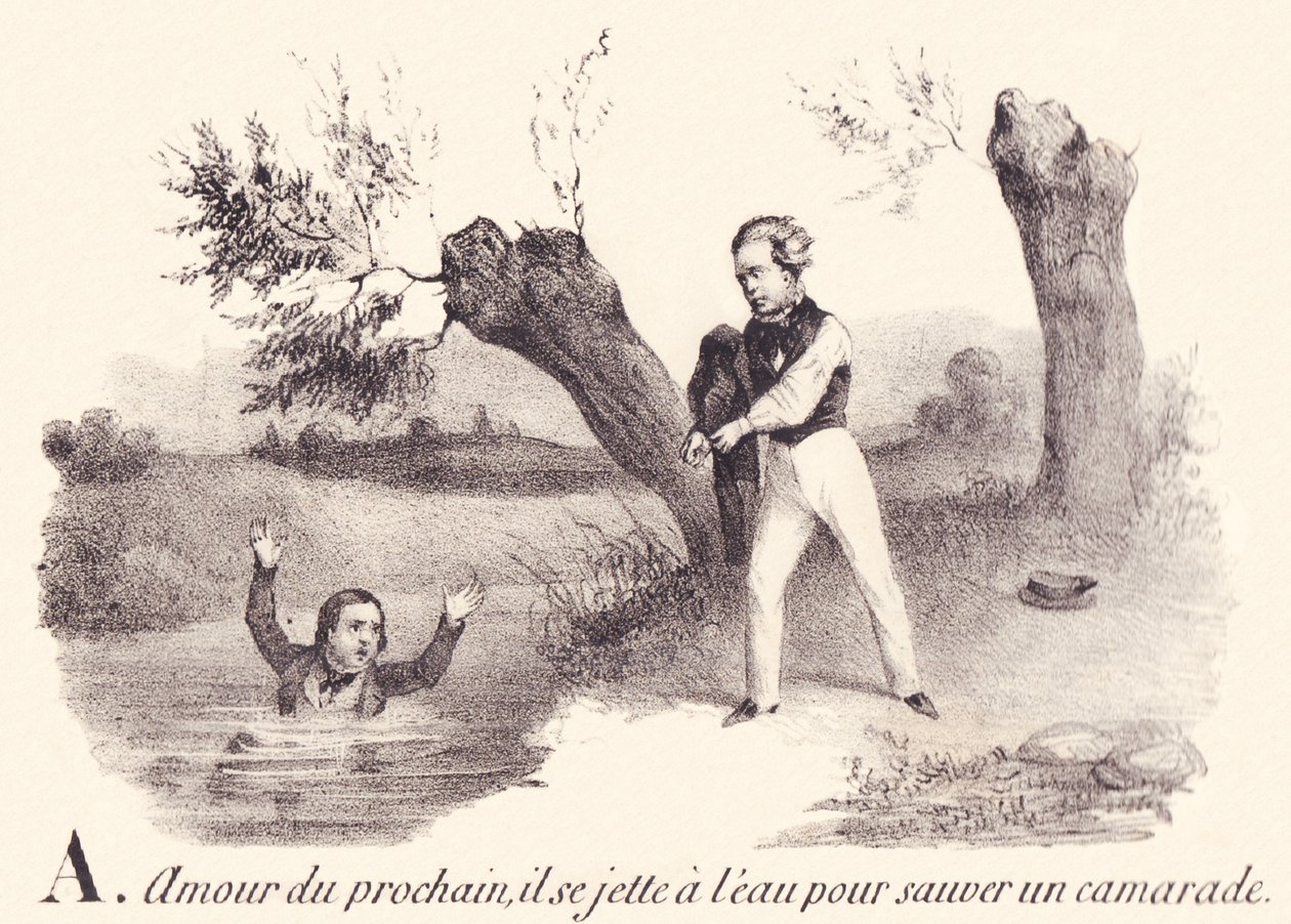 A: Miłość bliźniego, rzuca się do wody, by ratować towarzysza. autorstwa French School