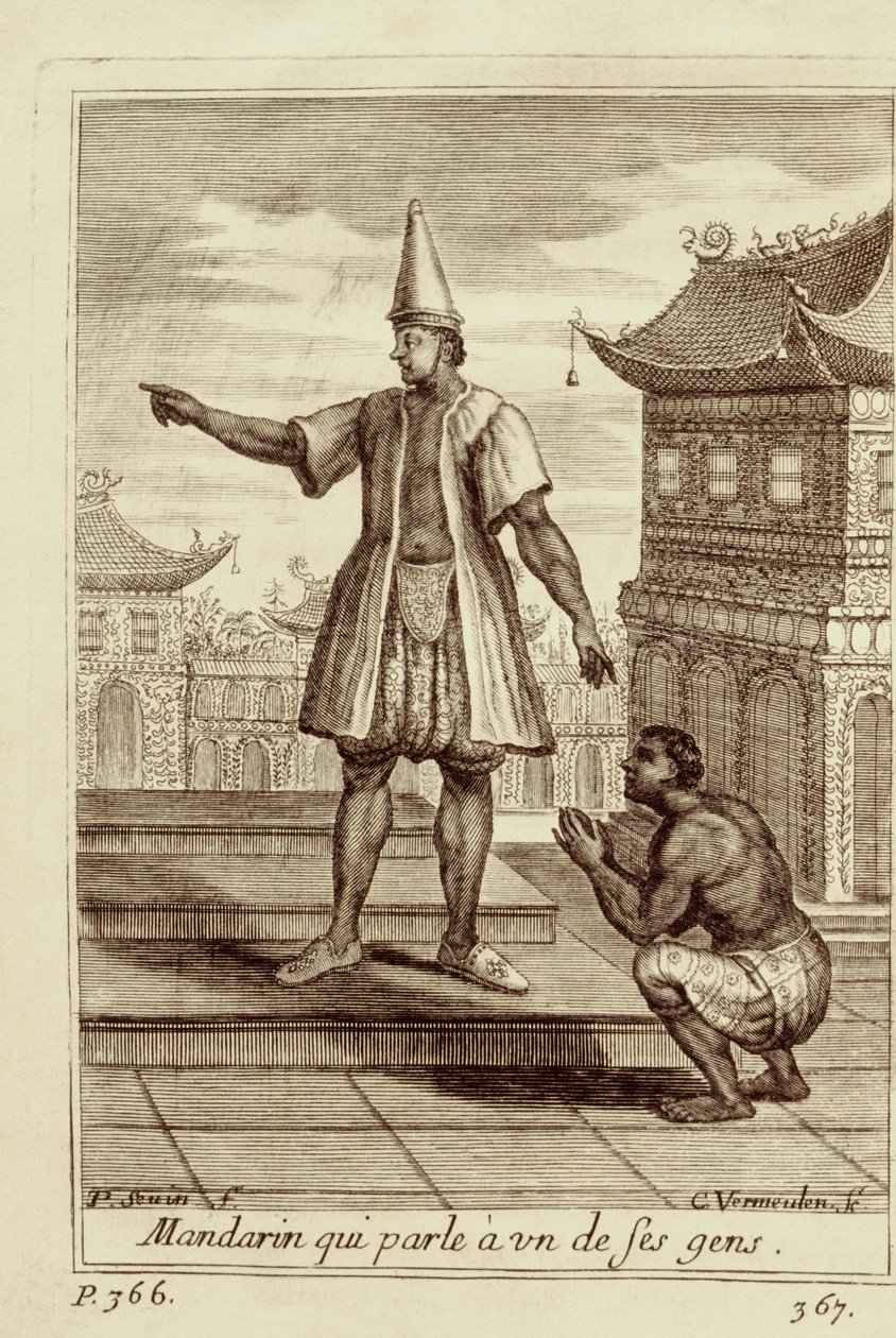 Mandaryński mężczyzna rozmawiający z jednym ze swoich ludzi, z Voyage du Siam des Peres Jesuites autorstwa Guy Tachard, 1688 autorstwa French School