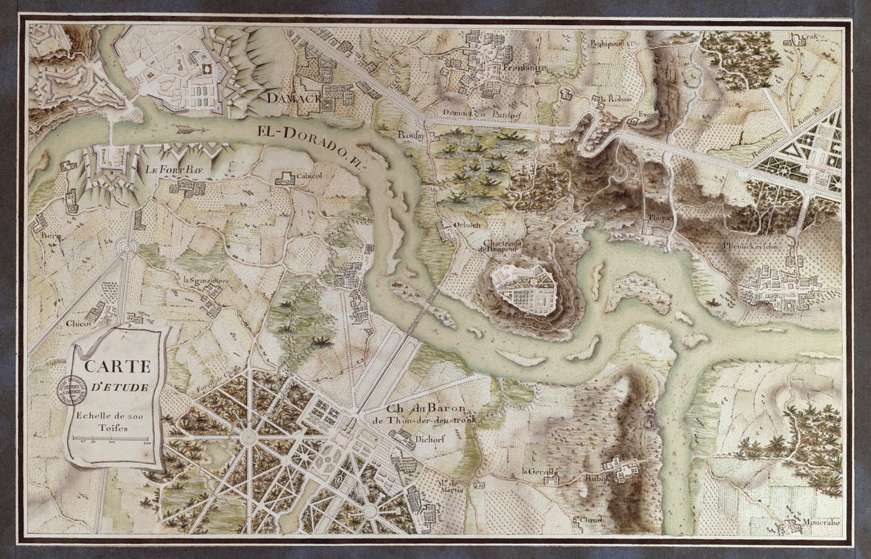 Mapa inspirowana Kandydem autorstwa Francois Voltaire (1694-1778) na konkurs organizowany przez Ecole Nationale des Ponts et Chaussees w Paryżu, koniec XVIII w. (pióro i atrament i toaleta na papierze) autorstwa French School