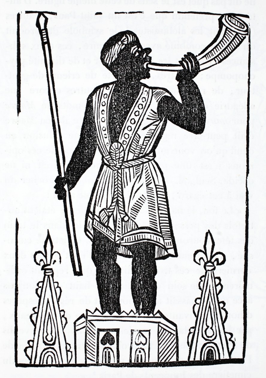 Maur stojący na wieży, dmący w róg, by obudzić zmarłych i zebrać ich w dolinie Jozafata autorstwa French School