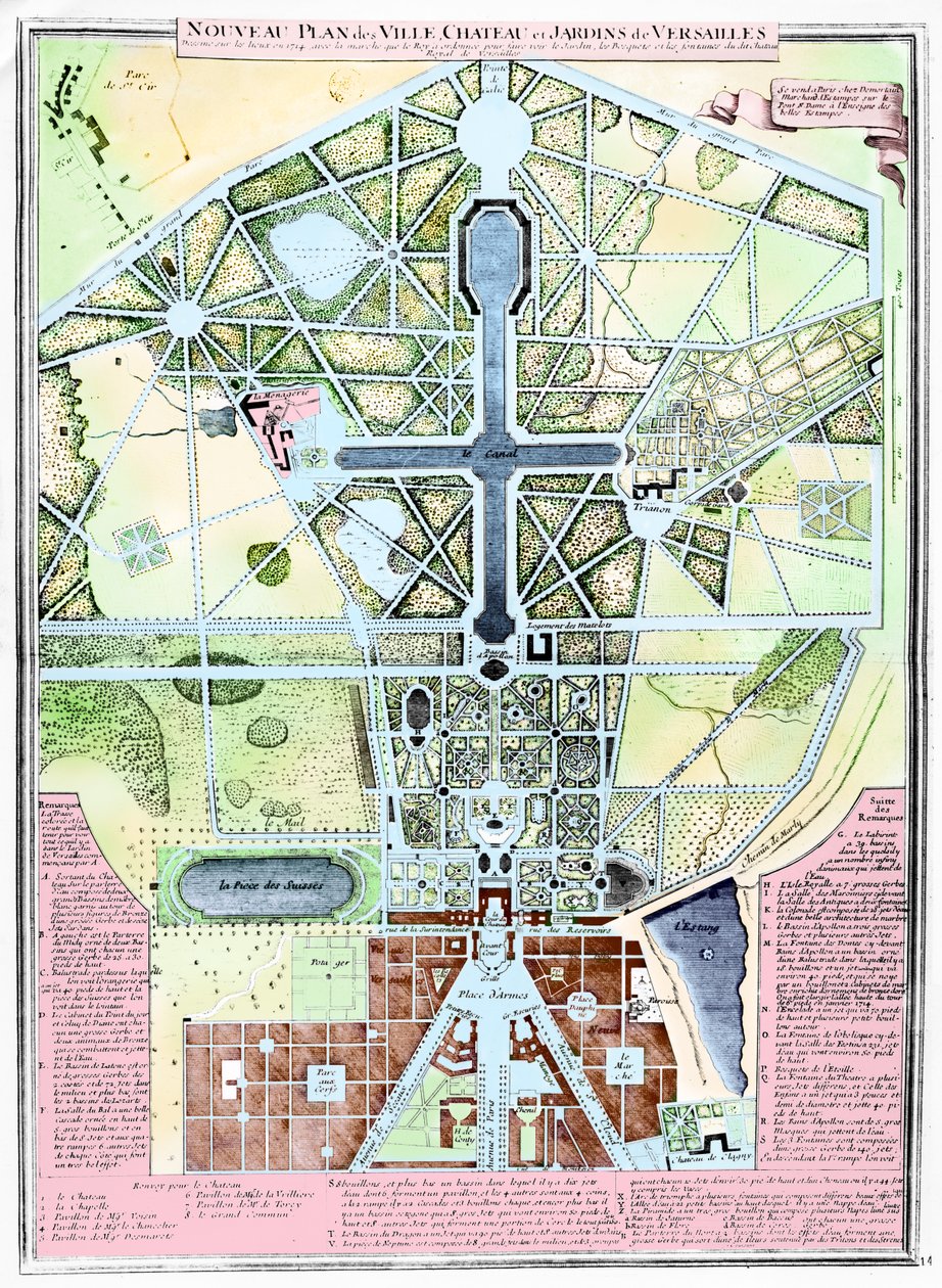 Nowy plan miasta, zamku i ogrodów wersalskich, 1714 autorstwa French School
