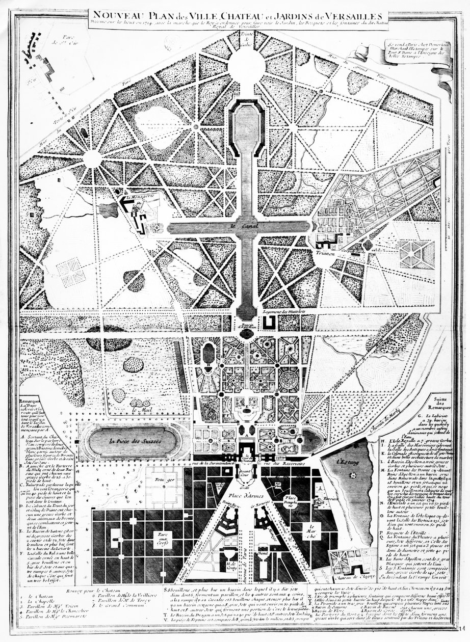 Nowy plan miasta, zamku i ogrodów wersalskich, 1714 autorstwa French School