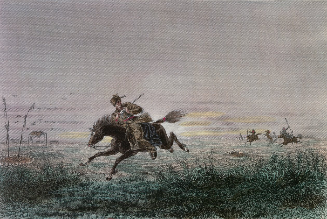 Listonosz American Pony Express zaatakowany przez rdzennych Amerykanów autorstwa French School