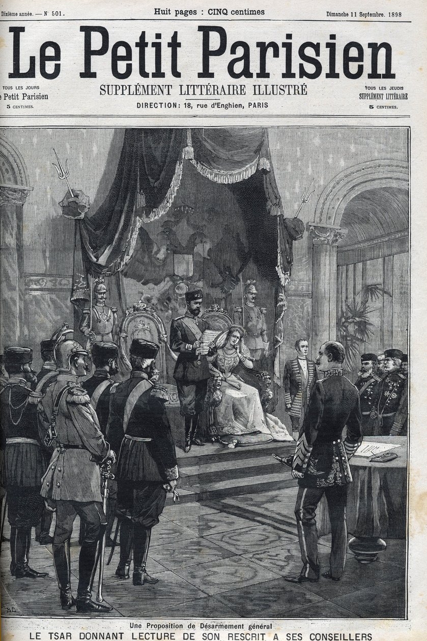 Propozycja ogólnego rozbrojenia (sporządzona do mocarstw europejskich) – car Mikołaj II (1868-1918) czytając swój pismo swoim doradcom. Le Petit Parisien autorstwa French School