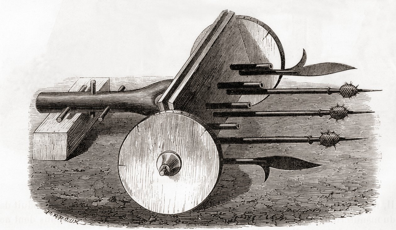 Ribauldequin, piekielny pistolet maszynowy lub organowy, uzbrojony w małe działka i piki, z Les Merveilles de la Science, wydany ok. 1870 (rycina) autorstwa French School