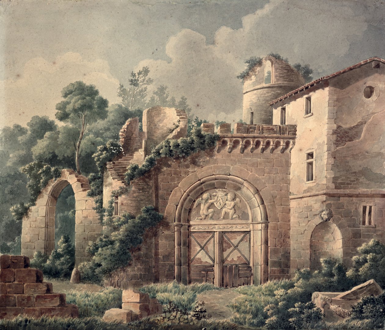 Zrujnowany zamek, ok. 1820 (wc na papierze) autorstwa French School