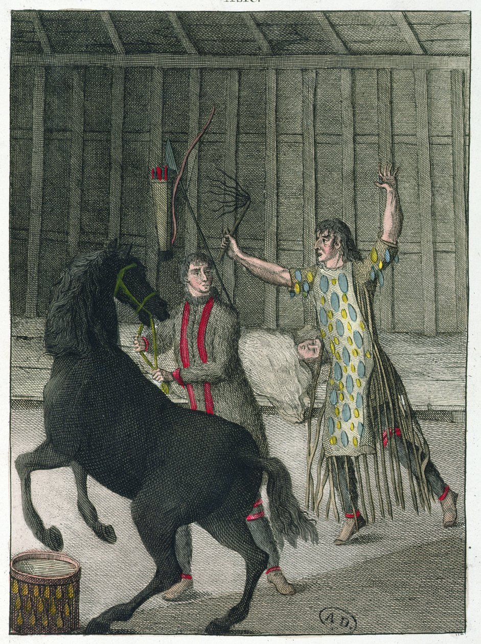 Szaman odpędza złe duchy chorego człowieka, Syberia, ok. 1811 r. autorstwa French School