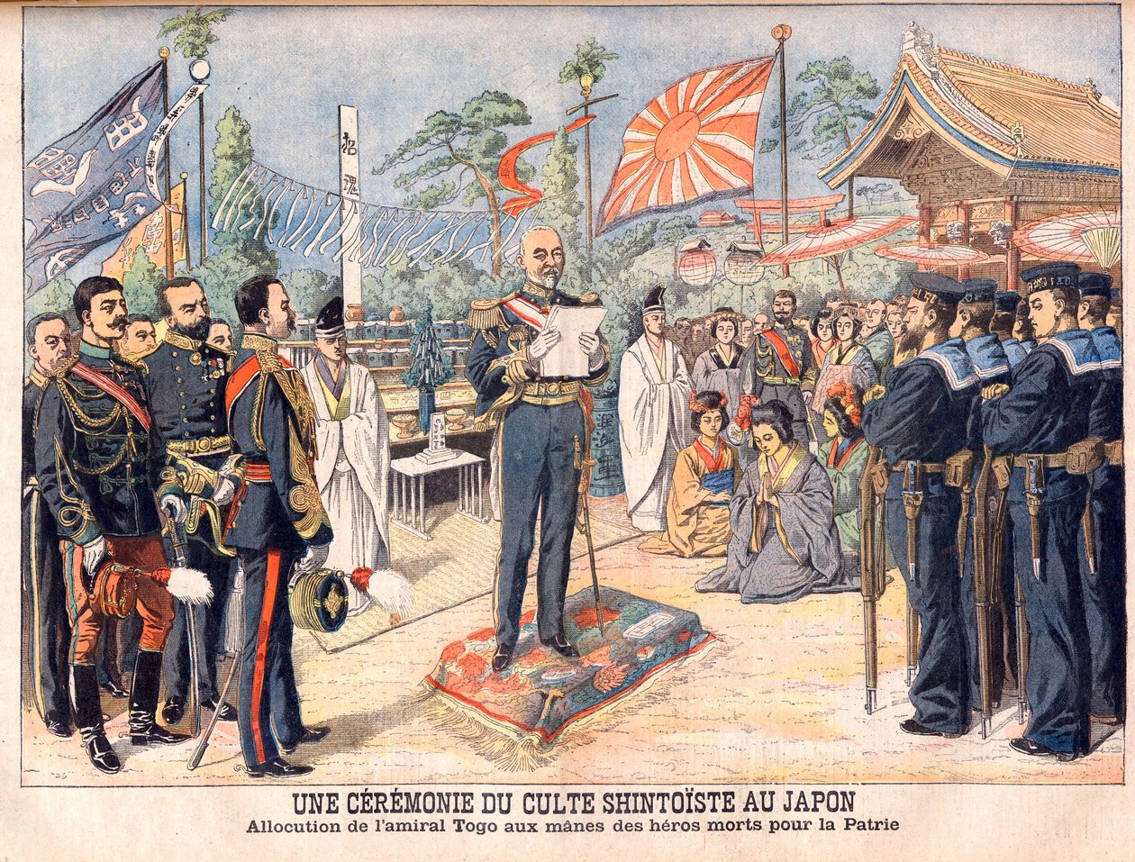 Ceremonia Shinto w Japonii. Admirał Togo przemawiający do duchów japońskich bohaterów zabitych w wojnie rosyjsko-japońskiej Ceremonia kultu sintoizmu w Japonii. Przemówienie admirała Togo (Togo Heihachiro autorstwa French School