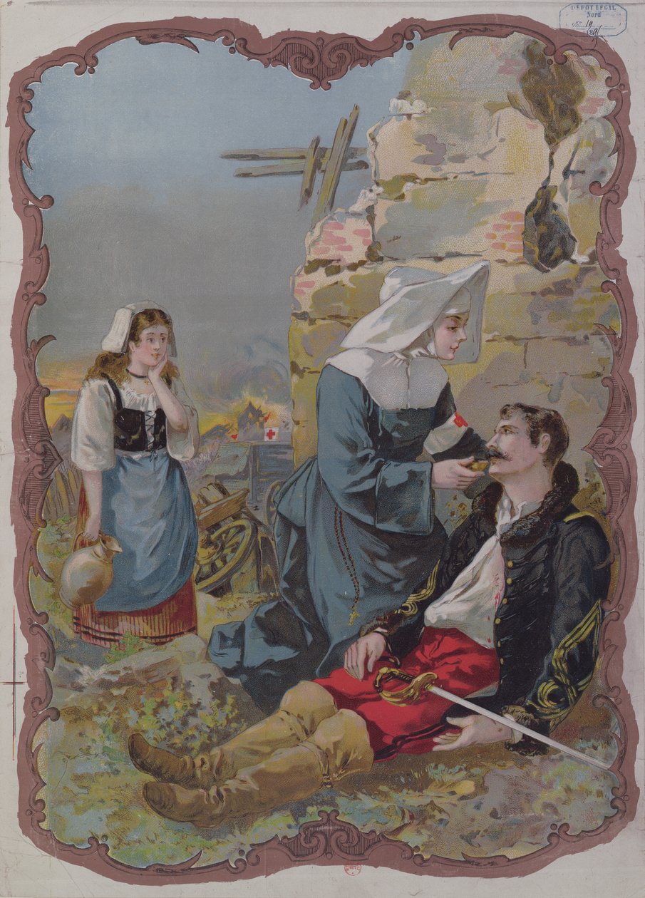 Siostra pomagająca rannemu żołnierzowi podczas wojny 1870, 1895 autorstwa French School