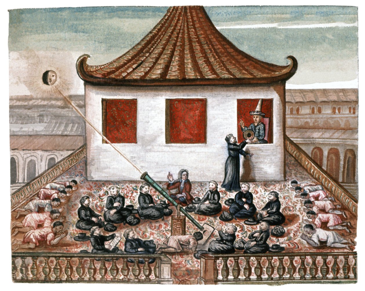 Zaćmienie słońca w Syjamie, ok. 1700 r. (akwarela) autorstwa French School