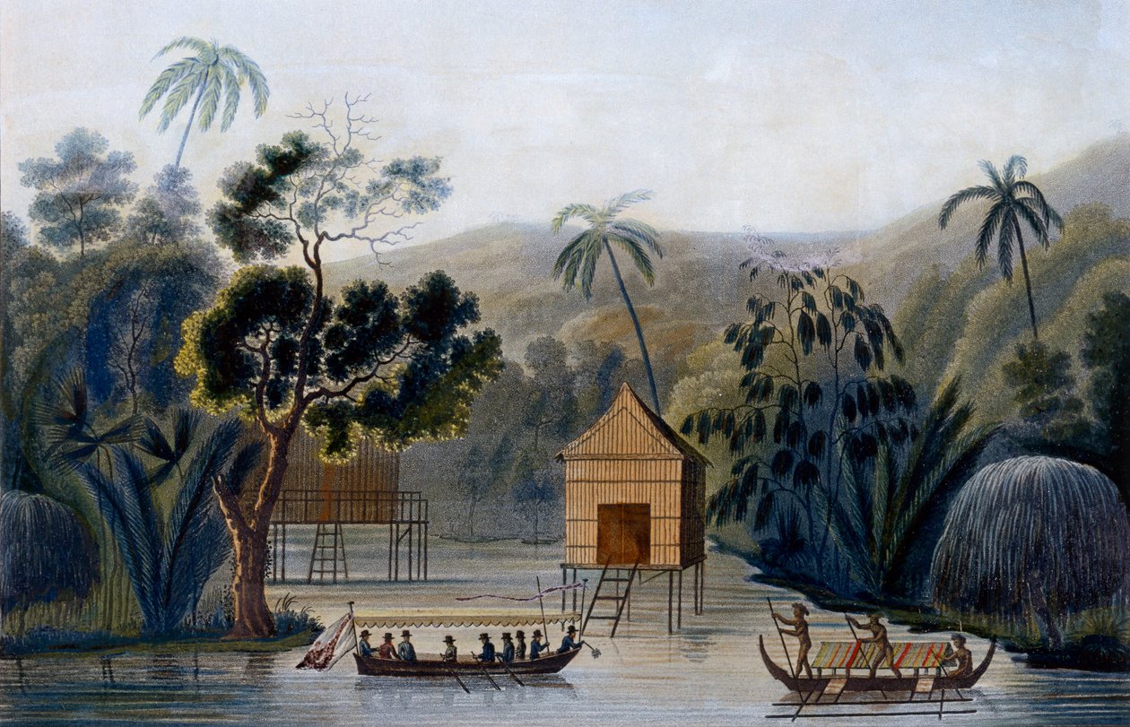 Duchowy dom na palach w porcie Offak na wyspie Waigou z Voyage Around the World na Corvette Coquille autorstwa porucznika Louisa Isodore Duperrey, 1826 autorstwa French School