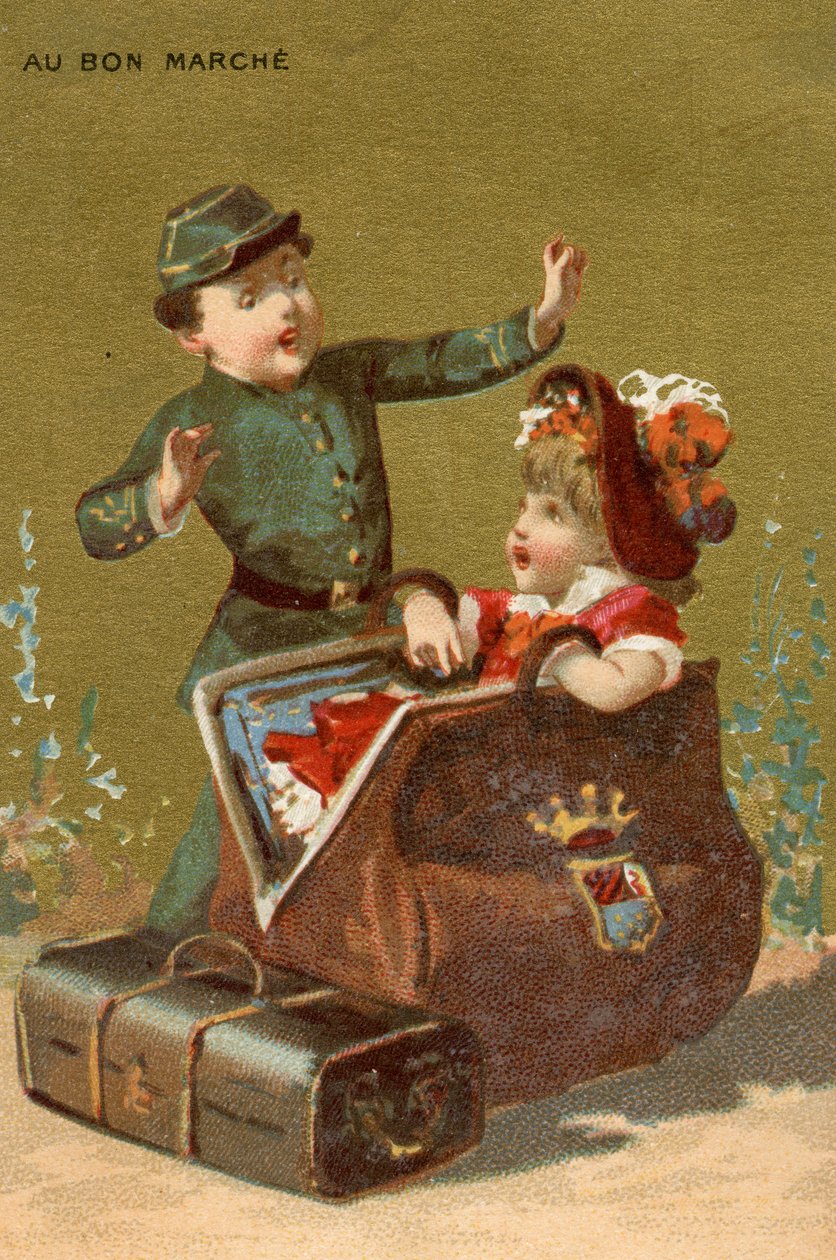 Niespodzianka w bagażu, z serii ilustracji dzieci, wyprodukowanych jako karty promocyjne dla Domu Towarowego Bon Marché w Paryżu, ok. 1890 autorstwa French School