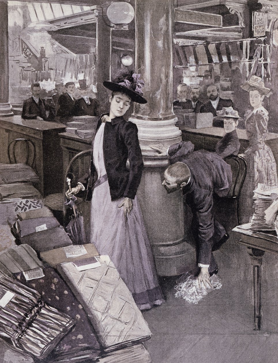 Złodziej w domu towarowym w Paryżu, ilustracja z Paradis des Dames, ok. 1895 r. autorstwa French School