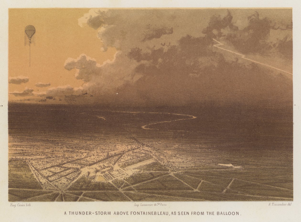 Burza z piorunami nad Fontainebleau widziana z balonu (kolorowa litografia) autorstwa French School