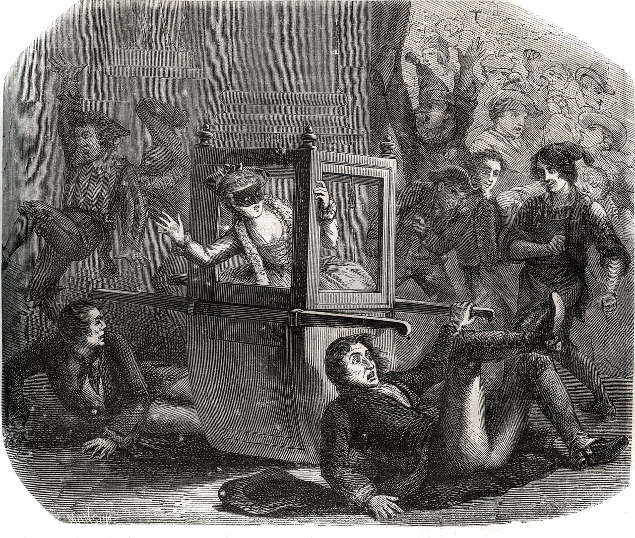 Grupa żartownisiów powstrzymuje Marie-Therese (Marie Therese) Le Vasseur (Levasseur) (1721-1801), kostium na karnawał, przed poruszaniem się na wózku inwalidzkim. Jest ofiarą zemsty jednego z byłych kochanków. Grawer z 1871 roku w „Histoire Des Cocus C autorstwa French School