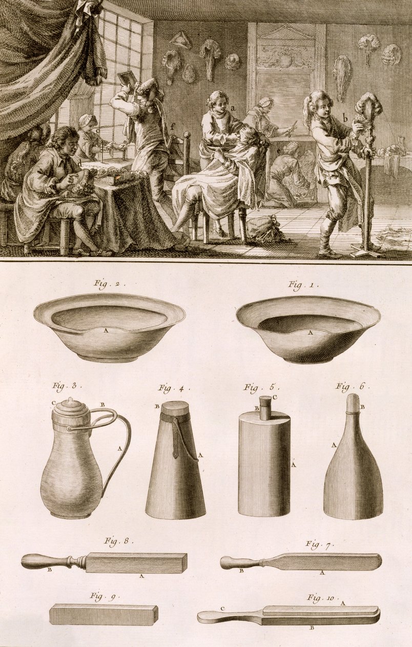 Fryzjer i narzędzia fryzjerskie, z Encyclopedie des Sciences et Metiers autorstwa Denisa Diderota (1713-84) opublikowanej ok. 1770 r. autorstwa French School