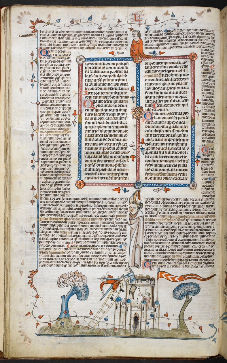 Scena bas-de-page mężczyzny próbującego najechać zamek, zabitego przez jednego z obrońców, z dekretów Smithfield, Royal 10 E. IV, f.18v autorstwa French School