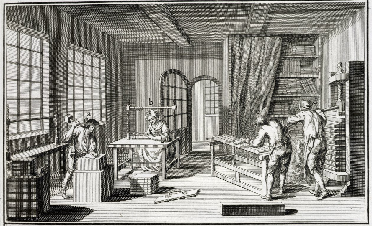 Warsztat bukmacherski, z Encyclopedie des Sciences et Metiers Denisa Diderota (1713-84) wydanej ok. 1770 r. autorstwa French School