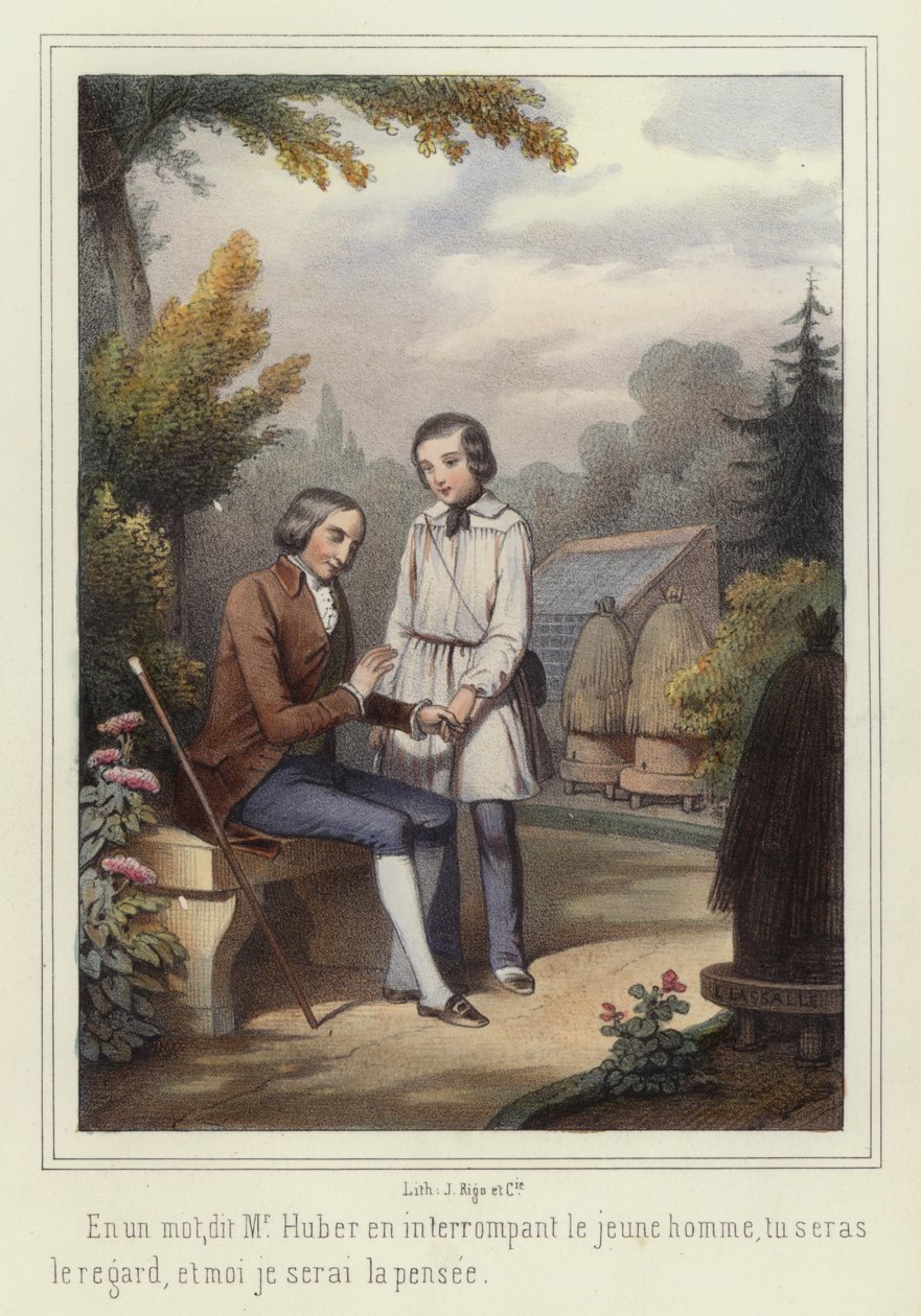 Chłopiec pomagający niewidomemu (kolorowa litografia) autorstwa French School