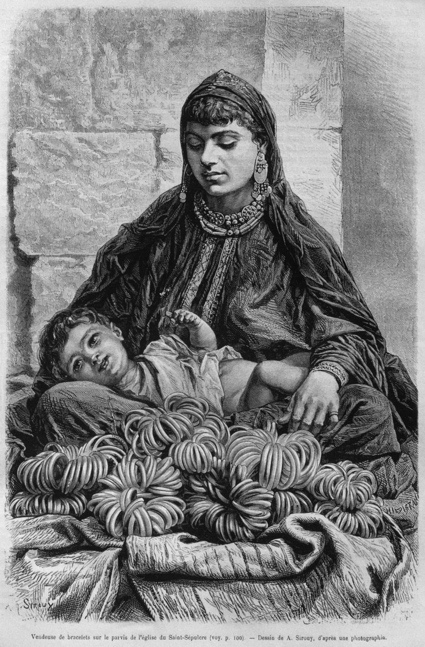 Sprzedawca bransoletek w pobliżu Bazyliki Grobu Świętego, z dzisiejszej Syrii. Podróżuje po Fenicji, Libanie i Judei. 1875-1880 Louis Charles Emile Lortet, 1884 (bw grawerowanie) autorstwa French School