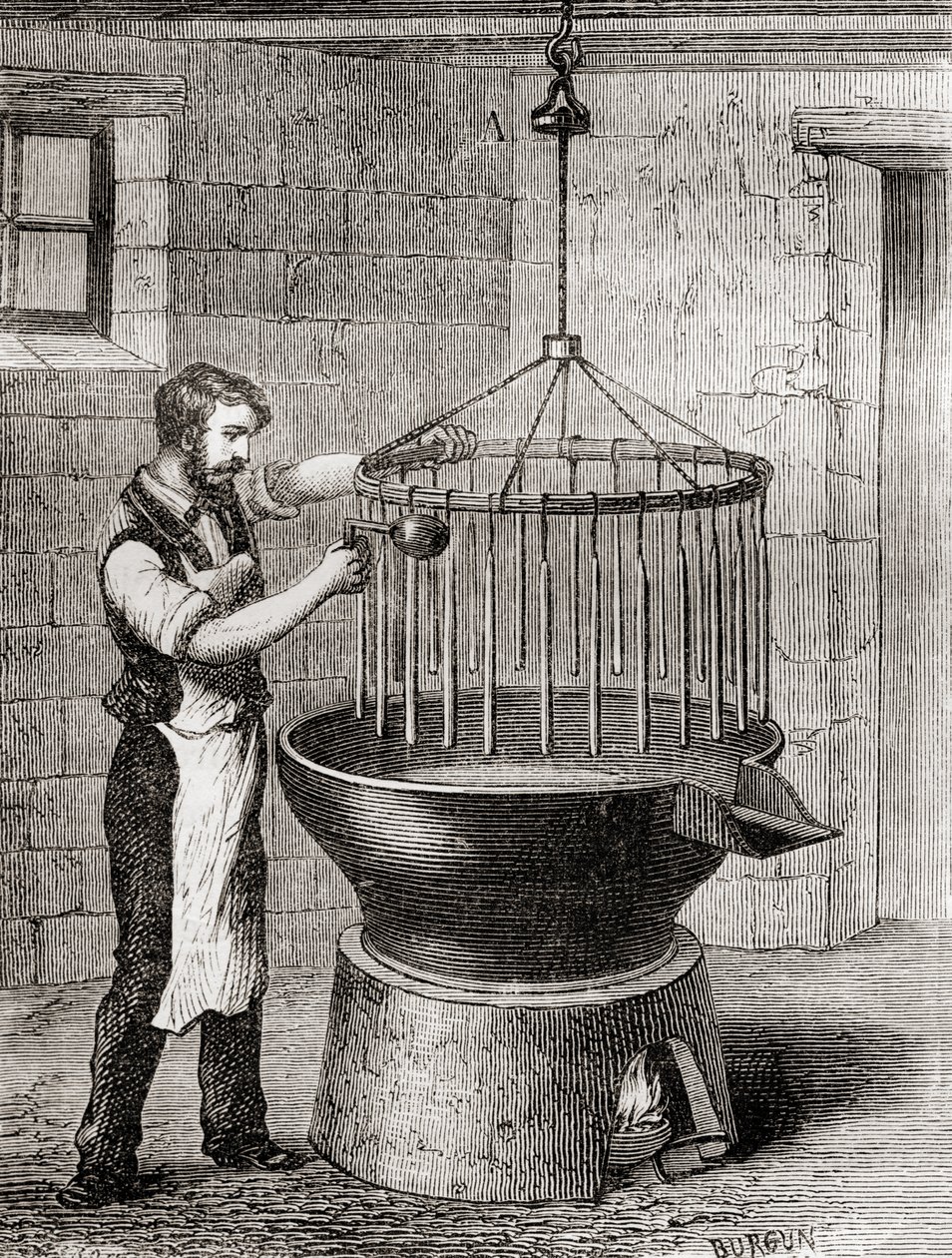 Handlarz wyrabiający świece w XIX wieku, z "Les Merveilles de la Science", opublikowanego ok. 1870 r. (rycina) autorstwa French School