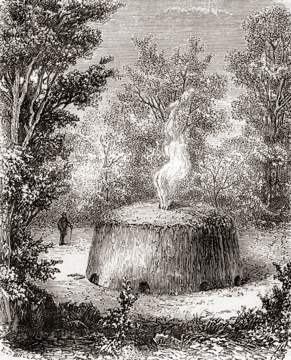 Piec na węgiel drzewny w lesie, według rysunku z XIX wieku, z Les Merveilles de la Science, opublikowany ok. 1870 (rycina) autorstwa French School