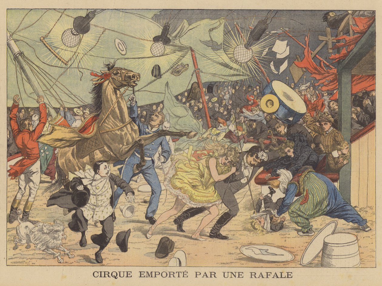 Namiot cyrkowy porwany przez podmuch wiatru (kolorowa litografia) autorstwa French School