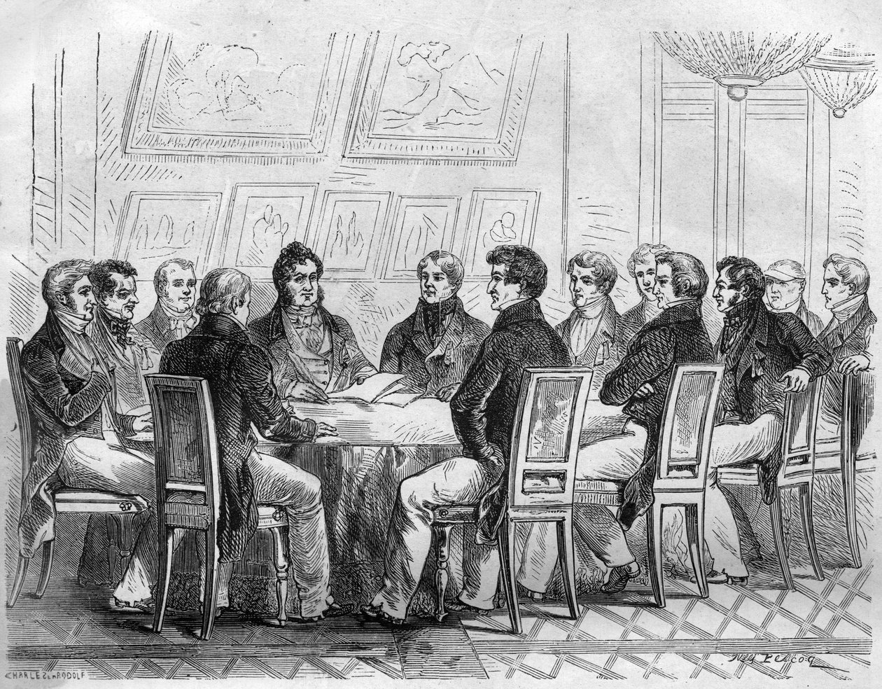 Pojednanie deputowanych burżuazji w Palais Royal w Paryżu za Karola X i Restauracji. Grawer w „Historii papieży-królów-królowych i cesarzy na przestrzeni wieków” autorstwa Maurice Lachatre autorstwa French School