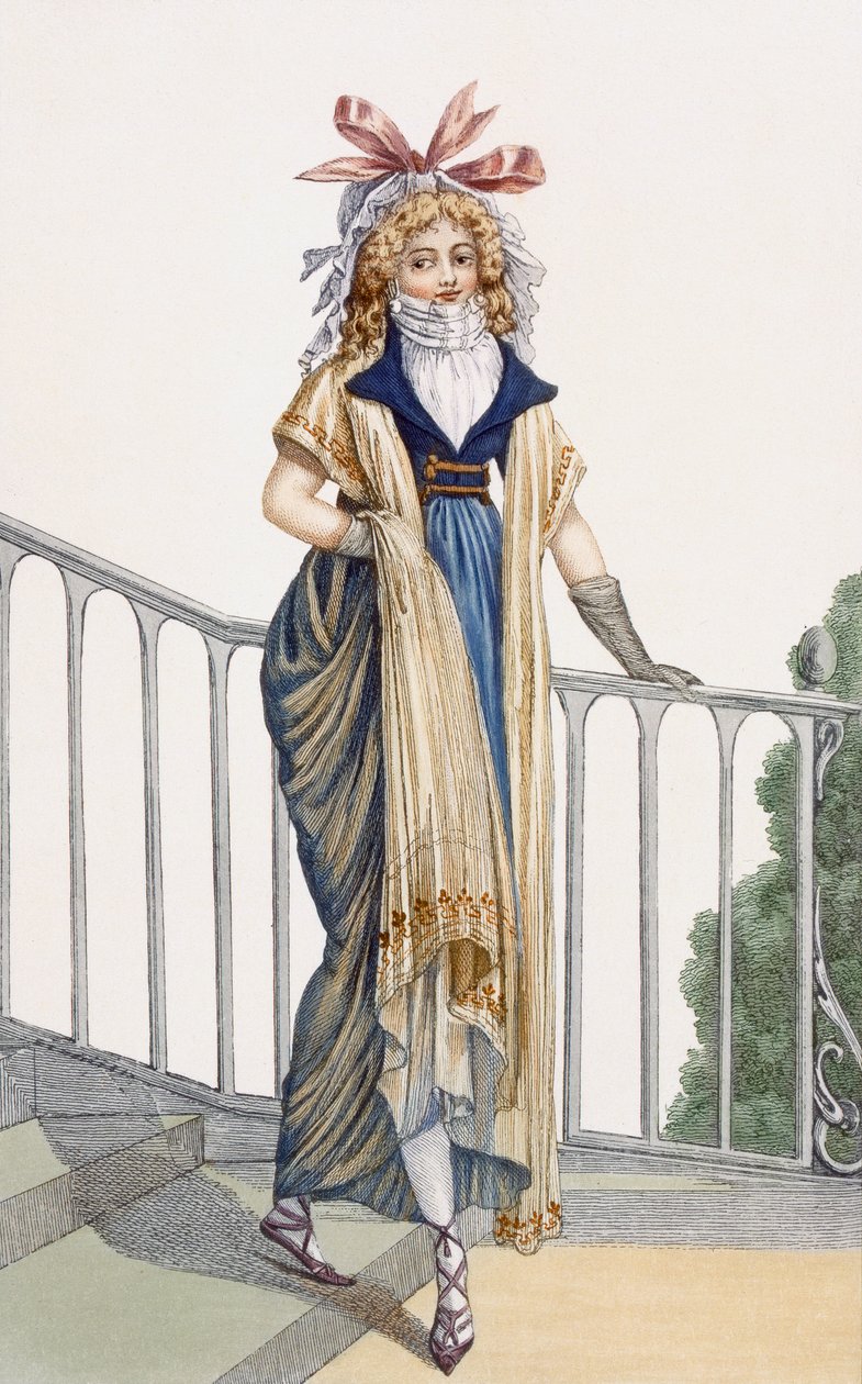 Sukienka spacerowa w stylu wiejskim, ilustracja z Journal des Dames et des Modes, 1797 autorstwa French School