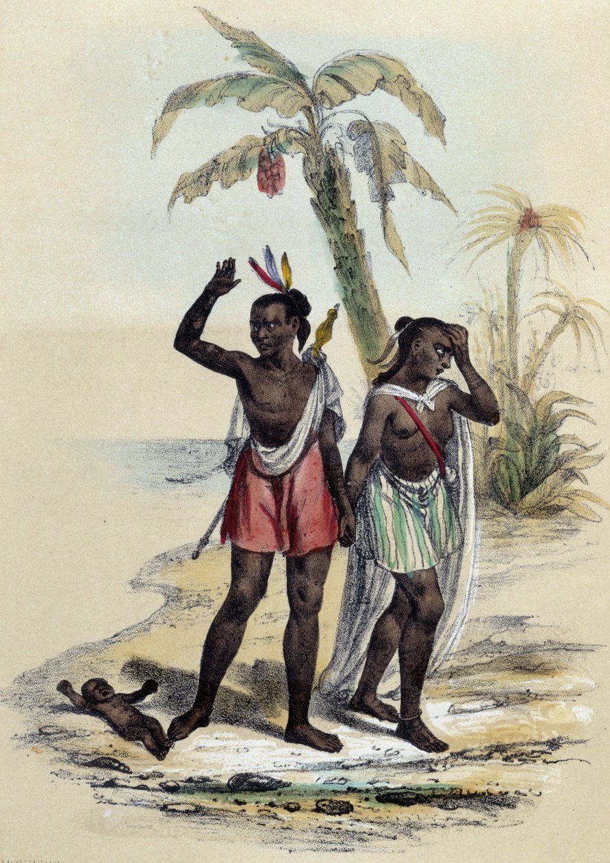 Para i dziecko na plaży; ilustracja dla markiz, w „Les dwunastu narodów” autorstwa ME Fouinet autorstwa French School