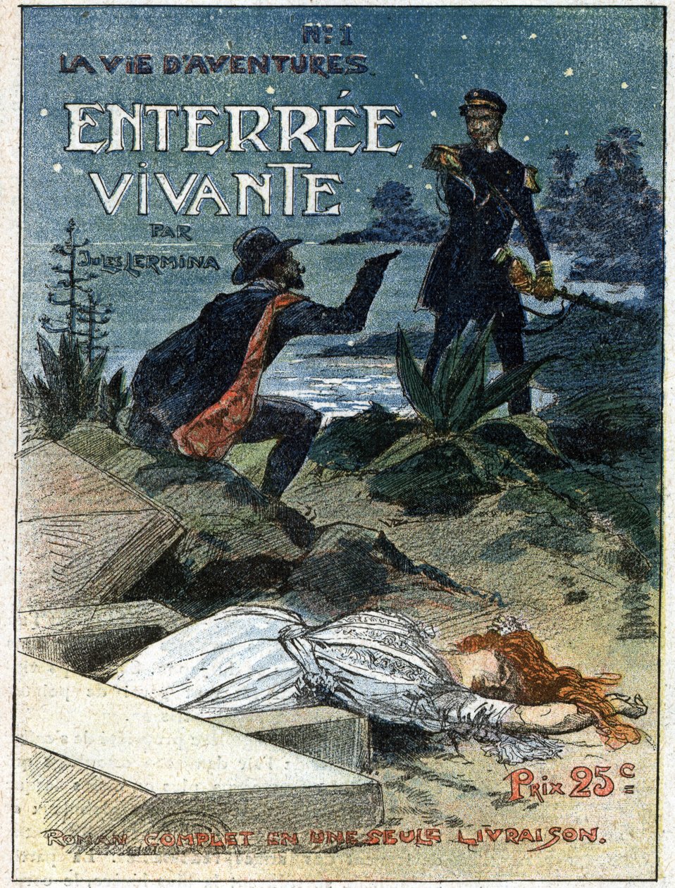 Przestępcza broń z pistoletem grozi stróżowi prawa, który złapał go, gdy odważył się pochować ciało kobiety. Ilustracja do „Żywego pogrzebu” Julesa Lerminy (1839-1913). Jedna z gazet „Życie Przygód”. Grawer w „” Journal des Voyages”” of autorstwa French School