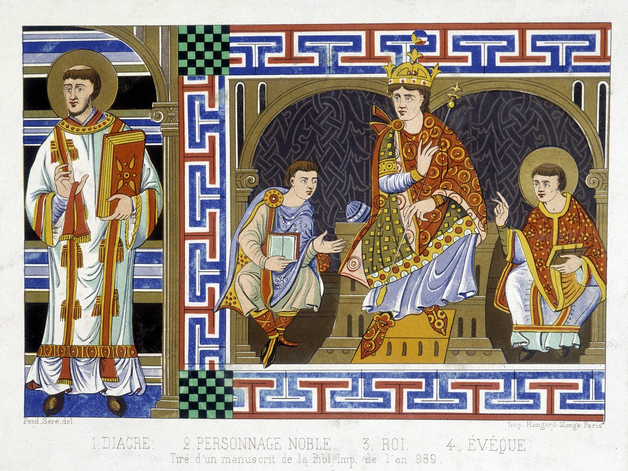 Diakon, postać szlachecka, król i eveque ilustrujący lud X wieku; Ilustracja z XIX wieku czerpie z "Francji w X wieku". autorstwa French School