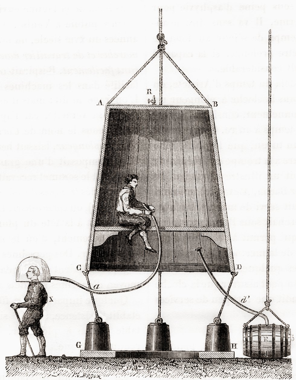 Dzwon nurkowy zbudowany przez Halleya w 1691 r., z „Les Merveilles de la Science”, opublikowany ok. 1870 r. (rycina) autorstwa French School