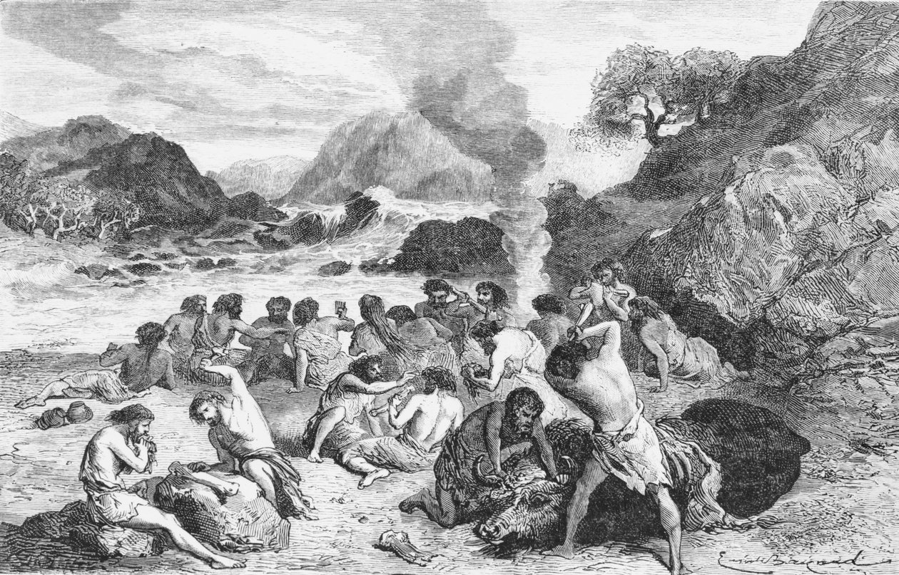 Uczta epoki kamienia, ilustracja z LHomme Primitif Louisa Figuiera, wyd. Hachette, 1870 autorstwa French School
