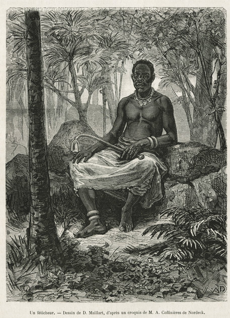 Feticheur, czarodziej potrafiący używać magicznej siły fetiches, rysunek D.Maillarta, ilustrujący historię podróży do Gabonu i rzeki Ogoue w latach 1875-1877, autorstwa Alfreda Marche. Rycina w Le tour du monde autorstwa French School