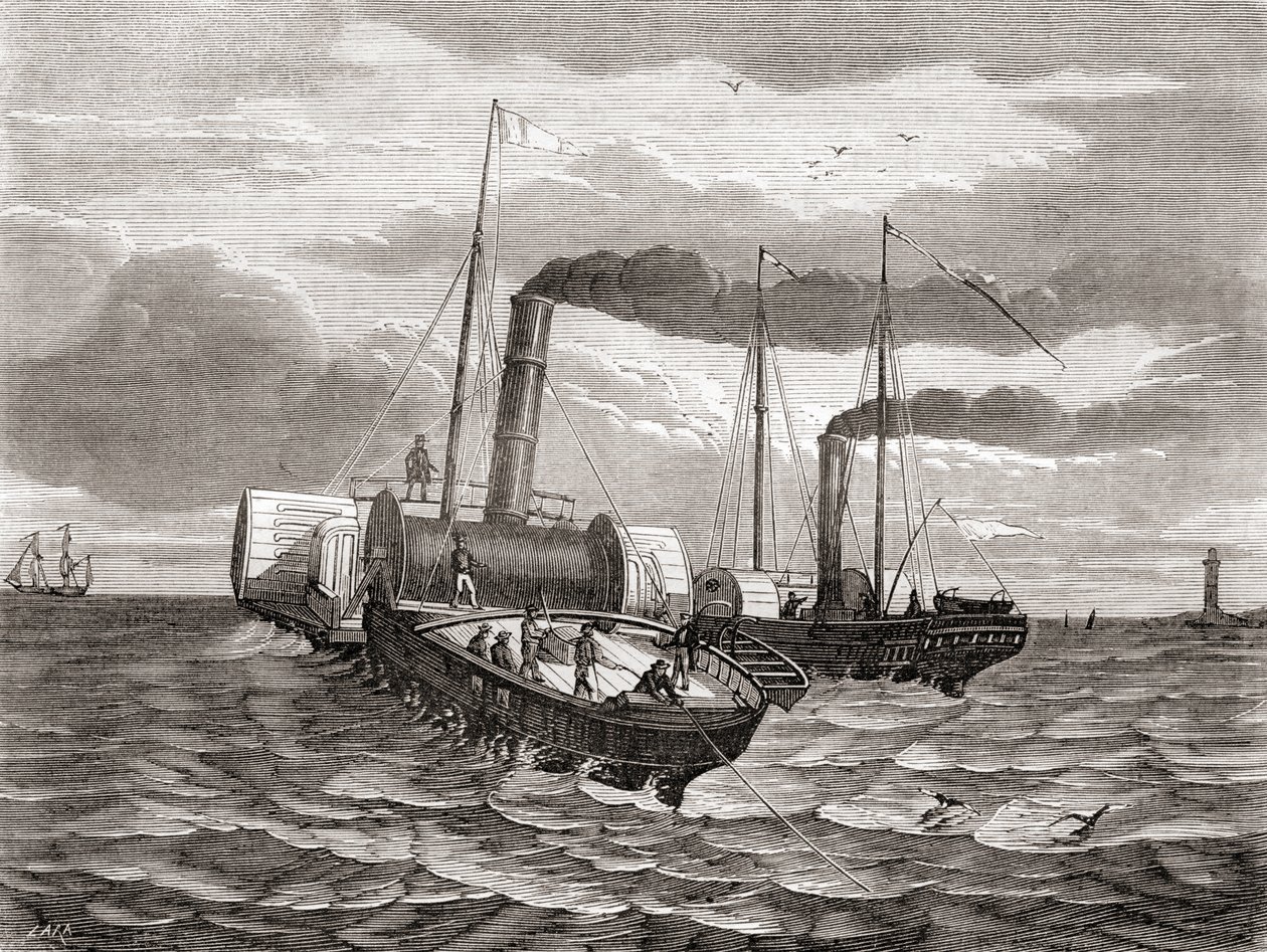Pierwsza próba ułożenia pierwszej linii pod kanałem La Manche w 1850 r. przez Anglo-Francuską Kompanię Telegraficzną Johna Watkinsa Bretta, z Dover do Calais, przy użyciu przerobionych holowników Goliath i Widgeon, z Les Merveilles de la Science, opublikow autorstwa French School