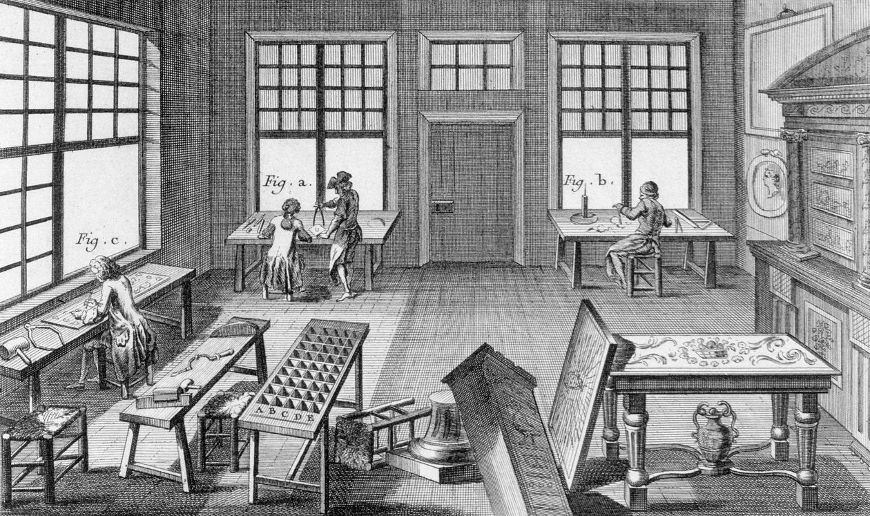 Warsztat wkładania mebli, z Encyclopedie des Sciences et Metiers autorstwa Denisa Diderota (1713-84) opublikowany ok. 1770 autorstwa French School