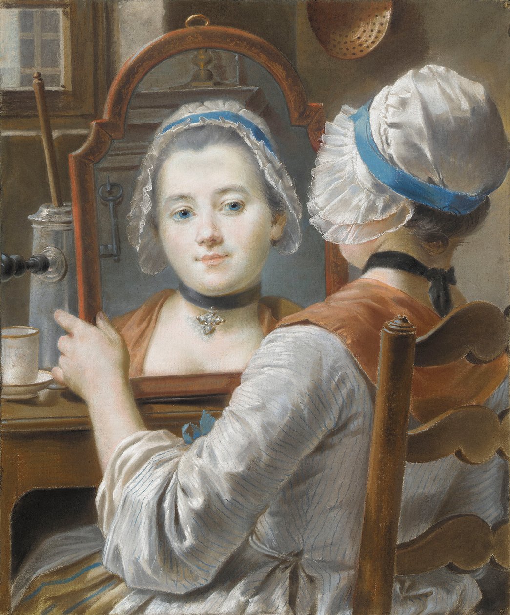 Dziewczyna w czepku, patrząca na siebie w lustrze z czekoladą i filiżanką na stole, ok. 1750 autorstwa French School