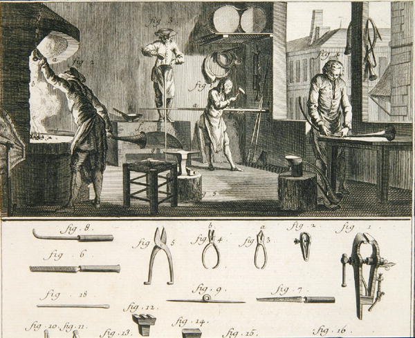 Warsztat i narzędzia rogacza, z „Encyclopedie des Sciences et Metiers” Denisa Diderota (1713–84), wydanej ok. 1770 r. (rycina) autorstwa French School