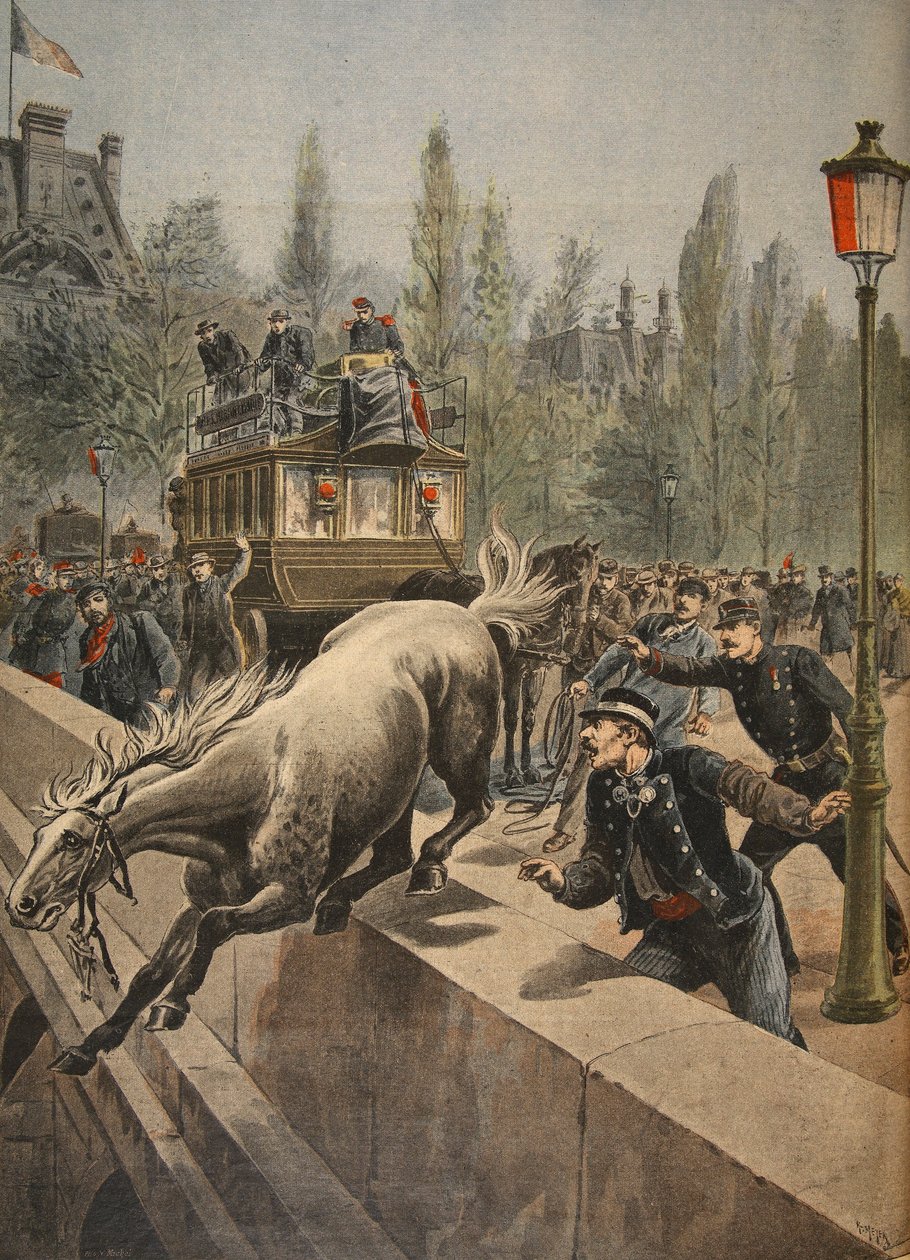 Koń popełnia samobójstwo, ilustracja z Le Petit Journal: Suplement illustre, 1898 autorstwa French School