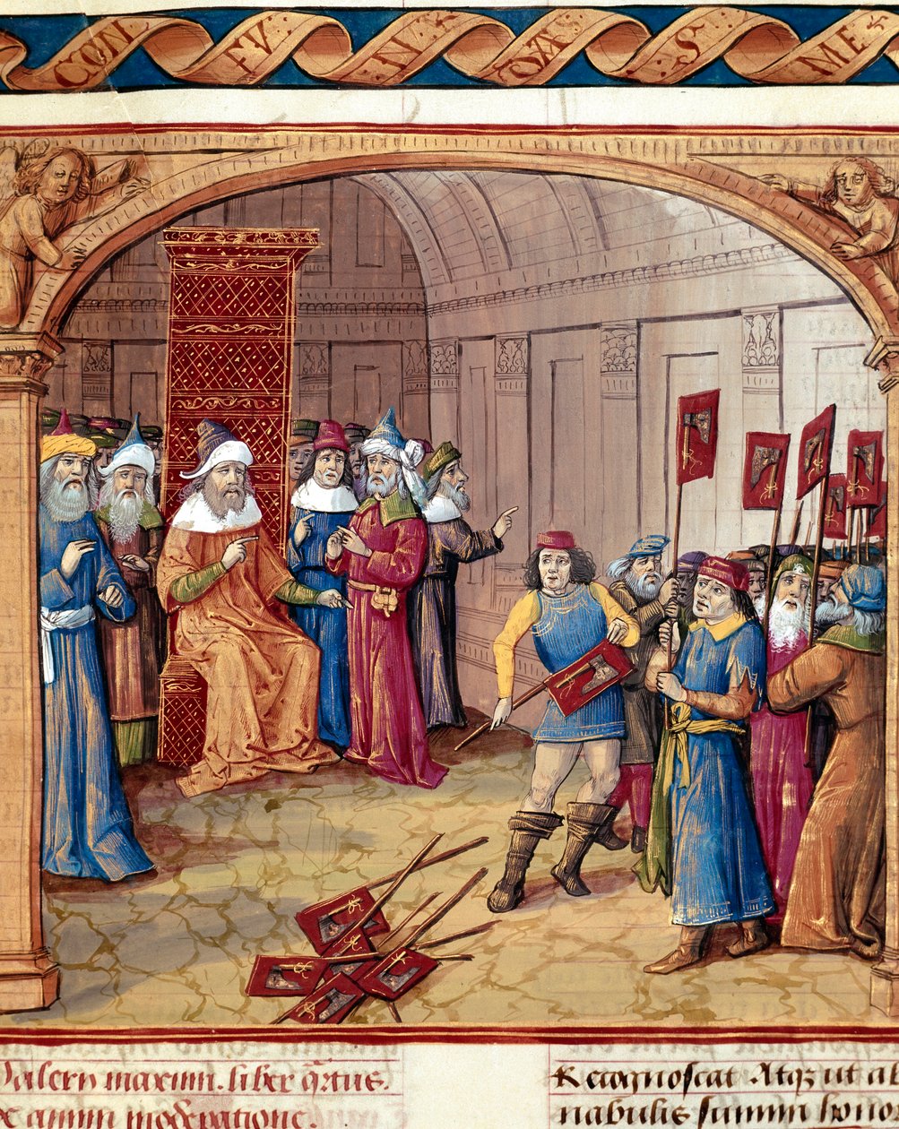 Król otrzymuje sztandary i miniaturowe siekiery z „Dicta et facta memorabilia” Valere Maxime (Valerius Maximus) (I wiek pne) 1410 Chantilly, Musee Conde autorstwa French School