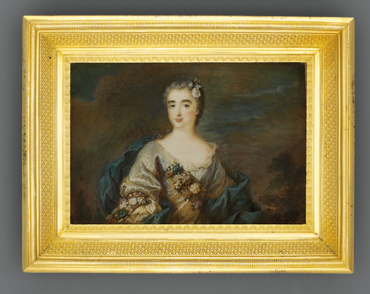 Pani o imieniu Louise-Jeanne de Durfot, Duchesse de Mazarin et de la Meilleraye, ok. 1750 (akwarela na kości słoniowej) autorstwa French School