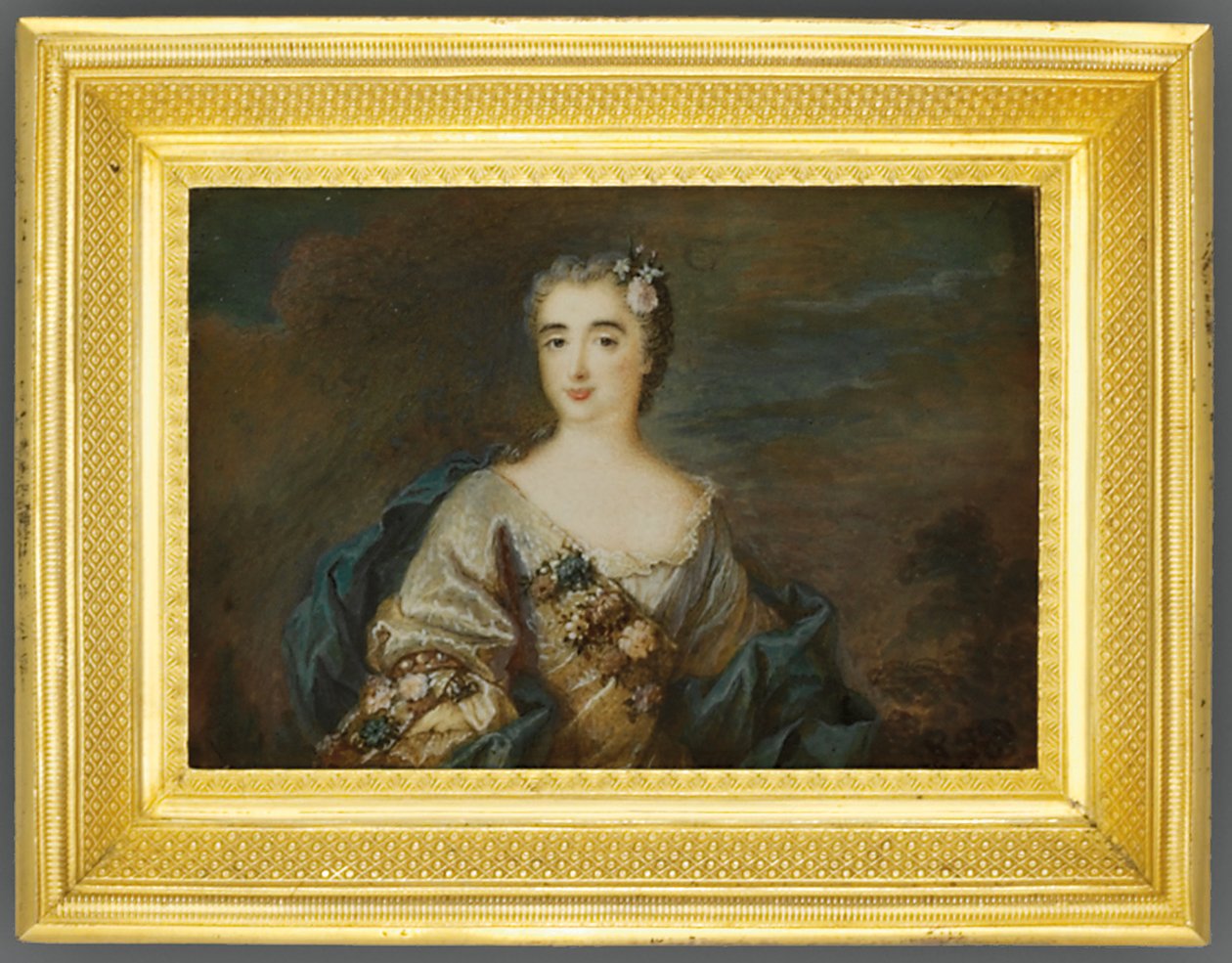 Pani o imieniu Louise-Jeanne de Durfot, Duchesse de Mazarin et de la Meilleraye, ok. 1750 (akwarela na kości słoniowej) (patrz także 1630586) autorstwa French School