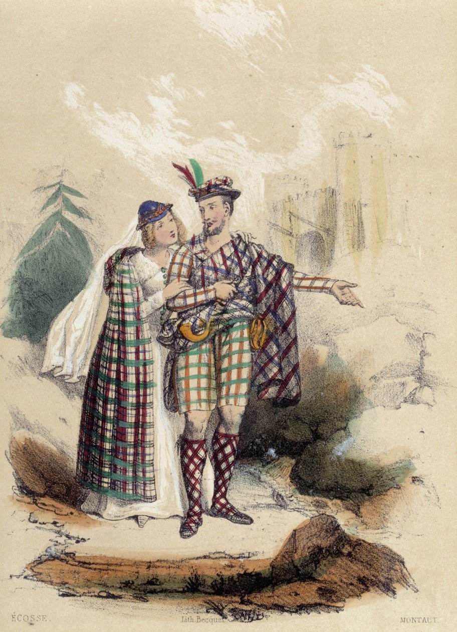 Mężczyzna niosący kilt i jego towarzysz przed zamkiem; ilustracja dla Szkocji, w „Dwunastu narodach” ME Fouinet autorstwa French School