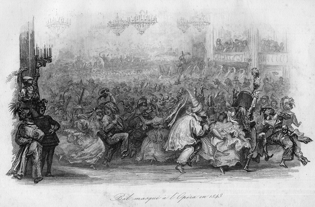 Bal maskowy w Operze Paryskiej w 1843 r. (piosenka „Le carnival” Marc-Antoine Madeleine Desaugiers) w „” - CHANS et CHANS POPULES DE LA FRANCE - 1843 - H.- L. DELLOYE, wydawca, LIBRAIRIE DE GARNIER. autorstwa French School