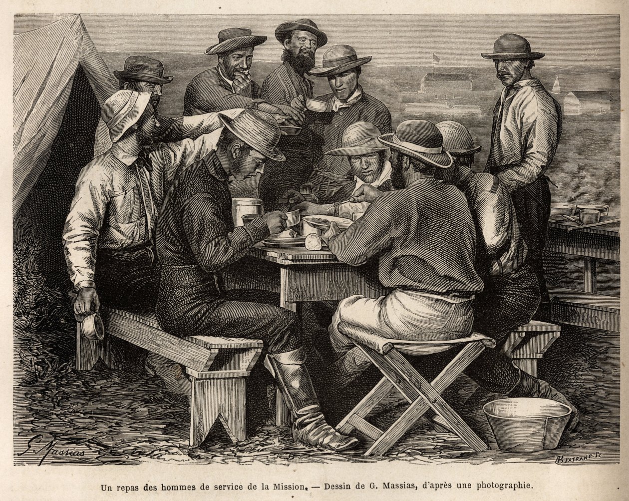 Posiłek żołnierzy misji z 1872 r. na terenie obozu, przed pierwszym rozpoznaniem polowym, wyryty według rysunku G. Massiasa, ilustrujący zestaw misji geograficznych przez Park Narodowy Stanów Zjednoczonych, od 1870 do 1872 r. , za pomocą autorstwa French School